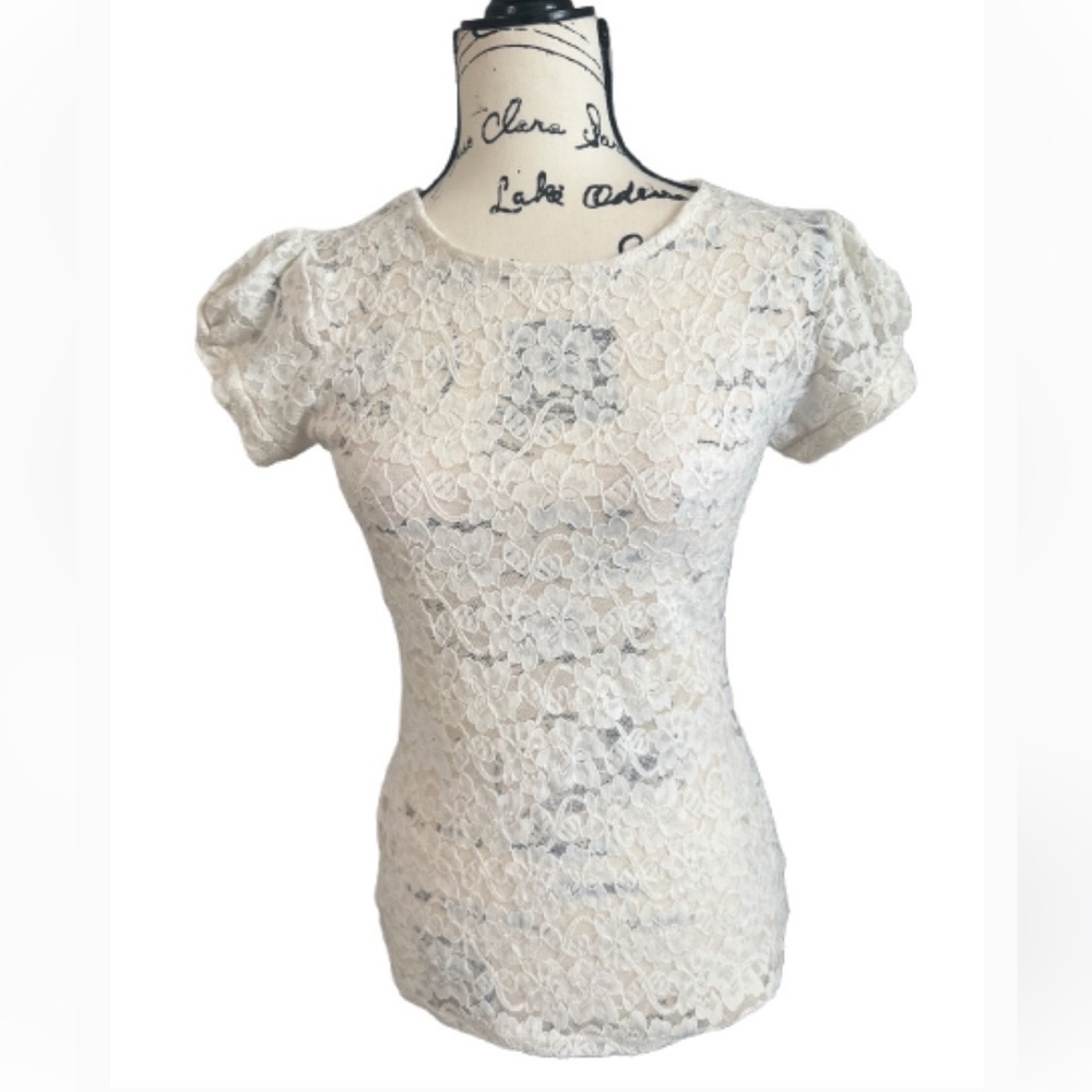 Express Cream Lace Top Puff‎ Cap Sleeves round
Neck